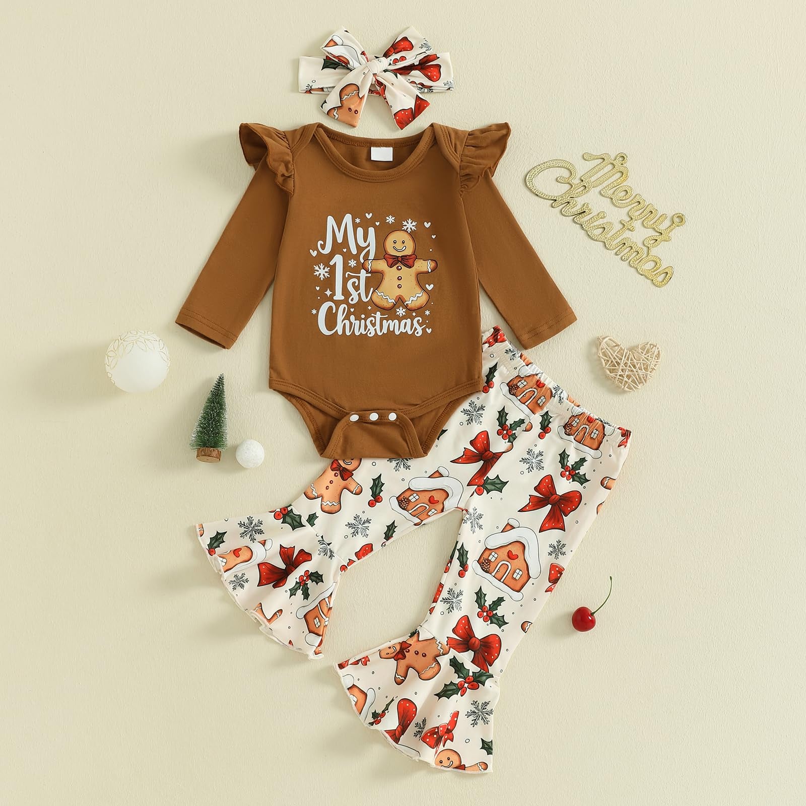 3PCS My 1st Christmas Letter Gingerbread Print Long Sleeve Baby Set