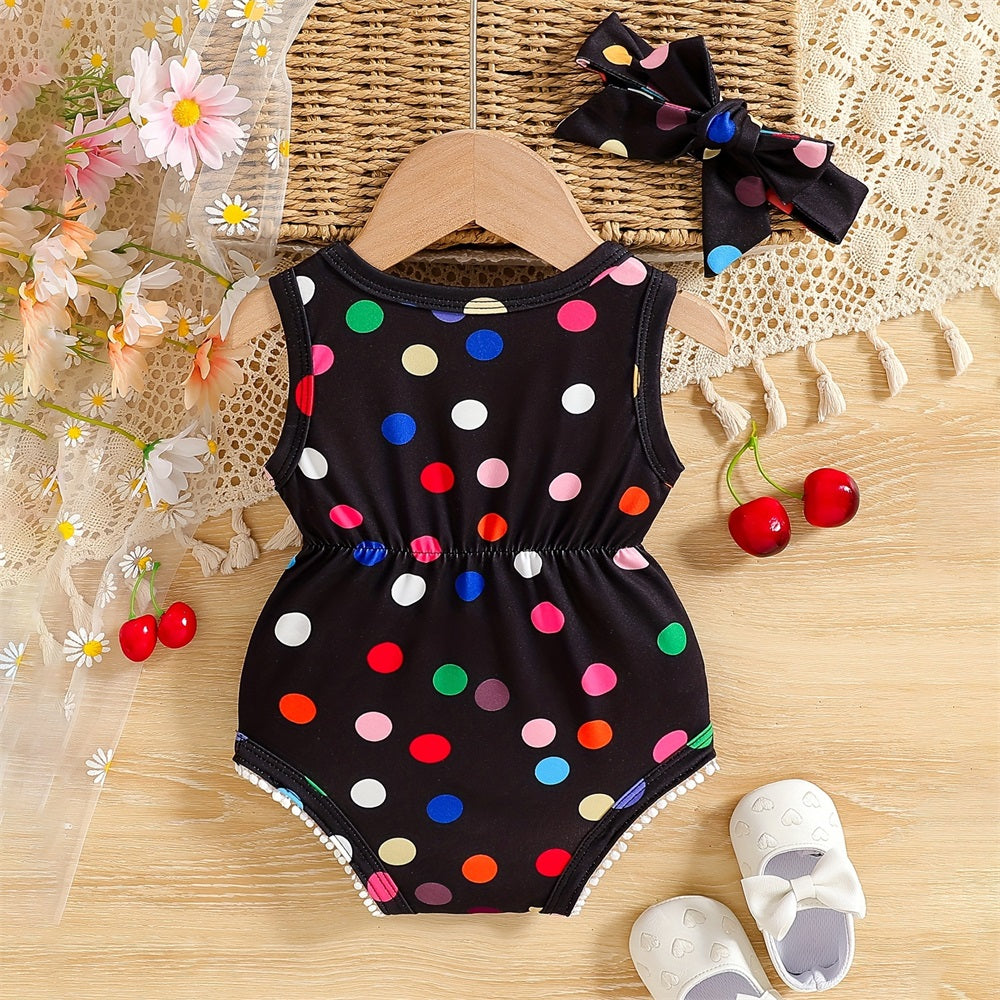 2PCS Polka Dot Printed Bow Sleeveless Baby Romper