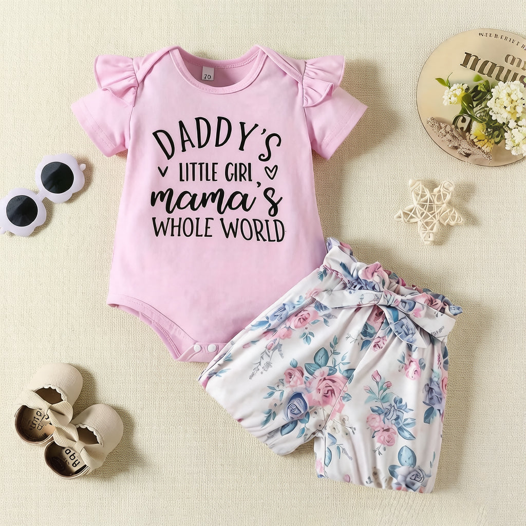 2PCS Chic Daddy’s Girl & Mama’s World Letter Floral Print Baby Set