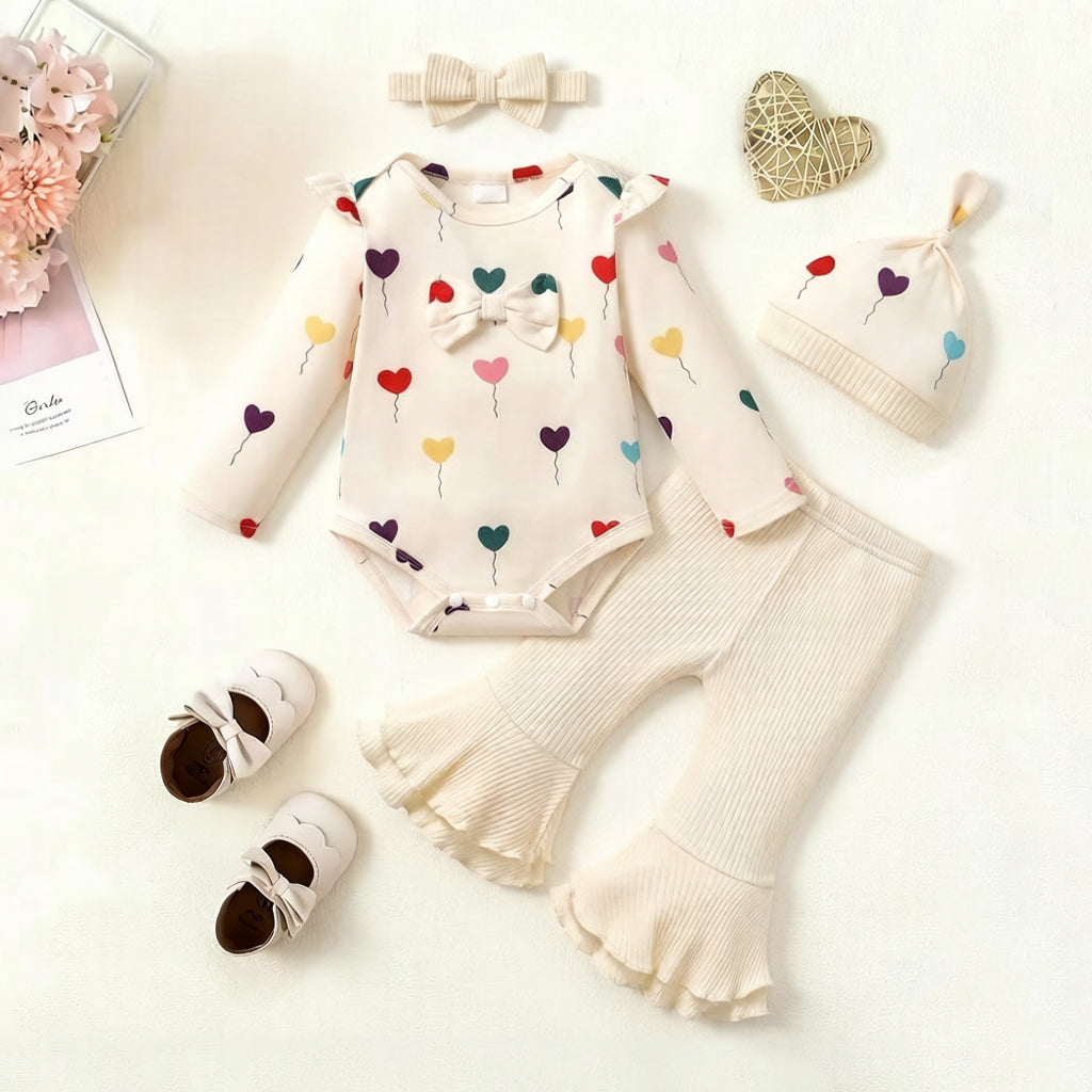 4PCS Lovely Heart Print Bow Long Sleeve Baby Girl Set