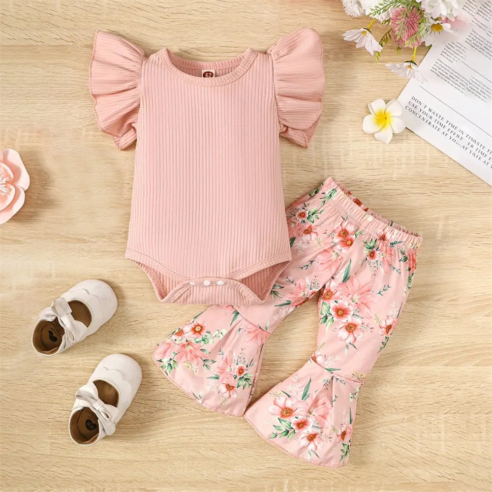 2PCS Comfy Floral Print Ruffle Sleeveless Baby Set