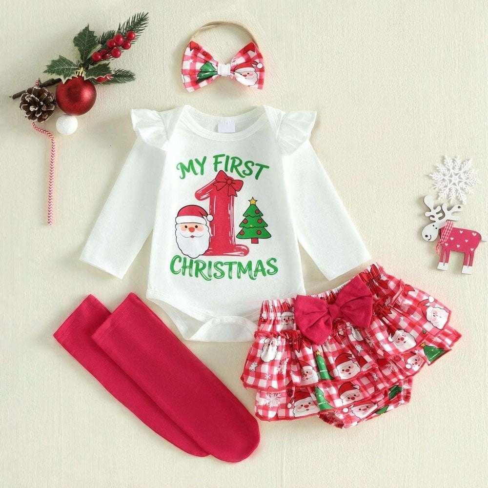 4PCS My First Christmas Letter Plaid Santa Claus Print Baby Set
