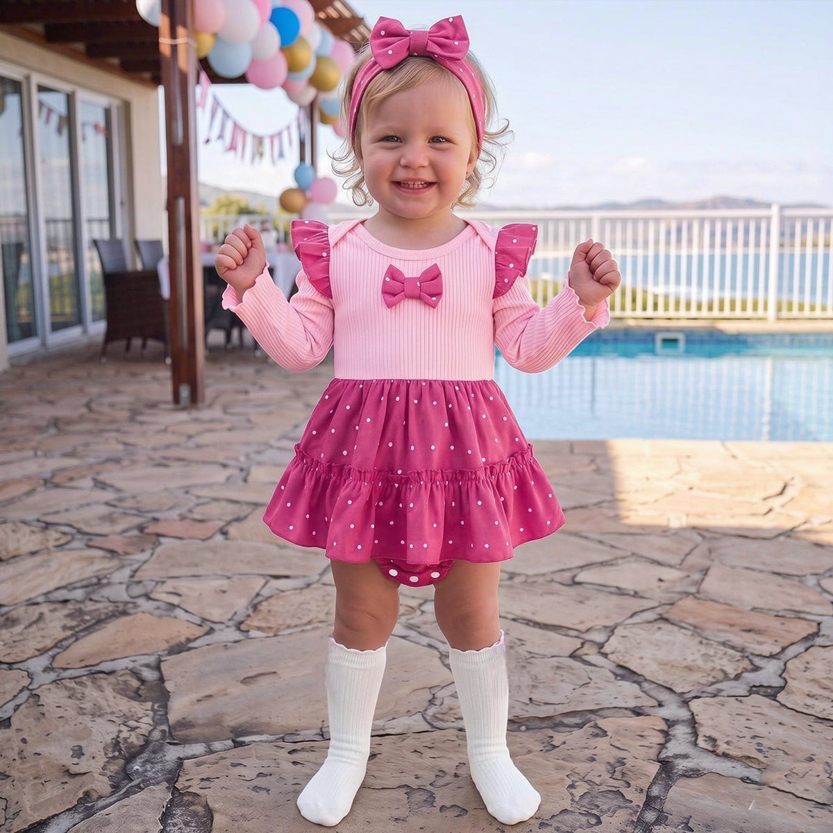 2PCS Pretty Polka Dots Print Bow Long Sleeve Baby Girl Romper