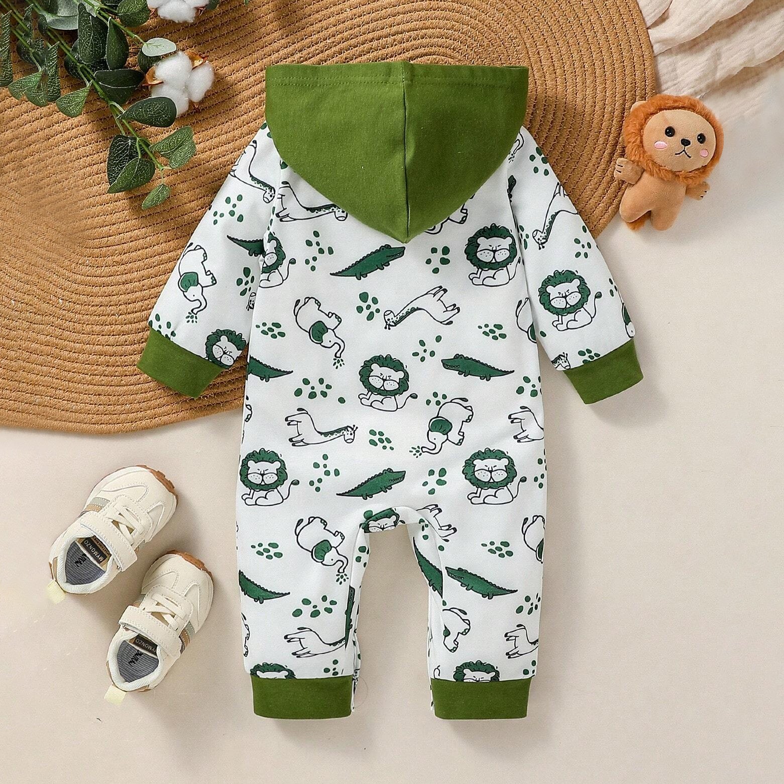 Cute Animal Printed Hooded Long Sleeve Baby Jumpsuit