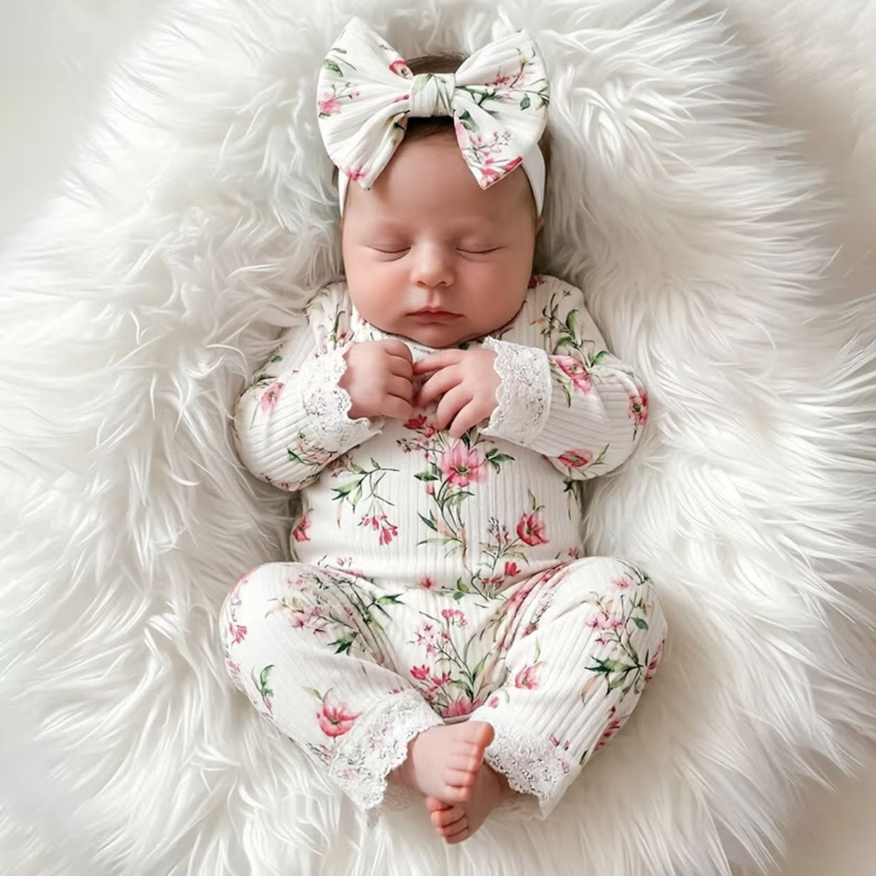 2PCS Refined Floral Printed Ruffle Lace Decor Baby Jumpsuit