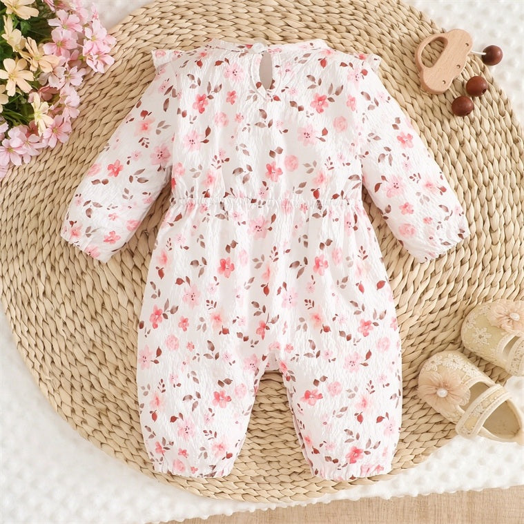 Endearing Floral Printed Ruffle Long Sleeve Baby Jumpsuit