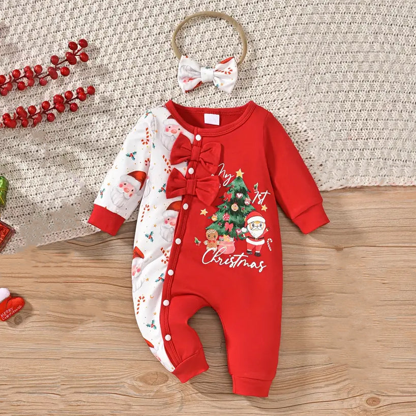 2PCS Lovely Santa Claus And Christmas Tree Printed Baby Jumpsuit