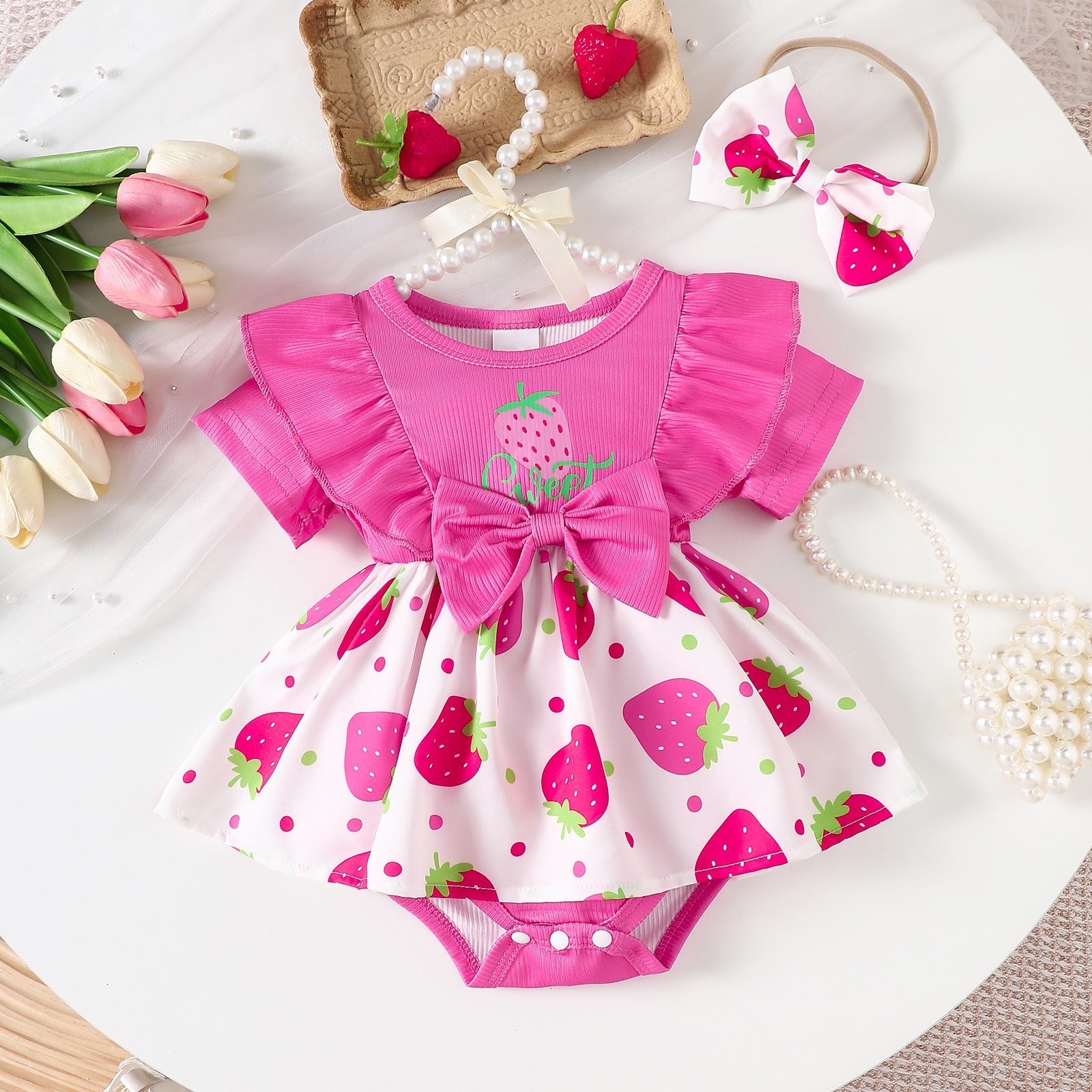 2PCS Sweet Strawberry Print Short Sleeve Baby Girl Romper
