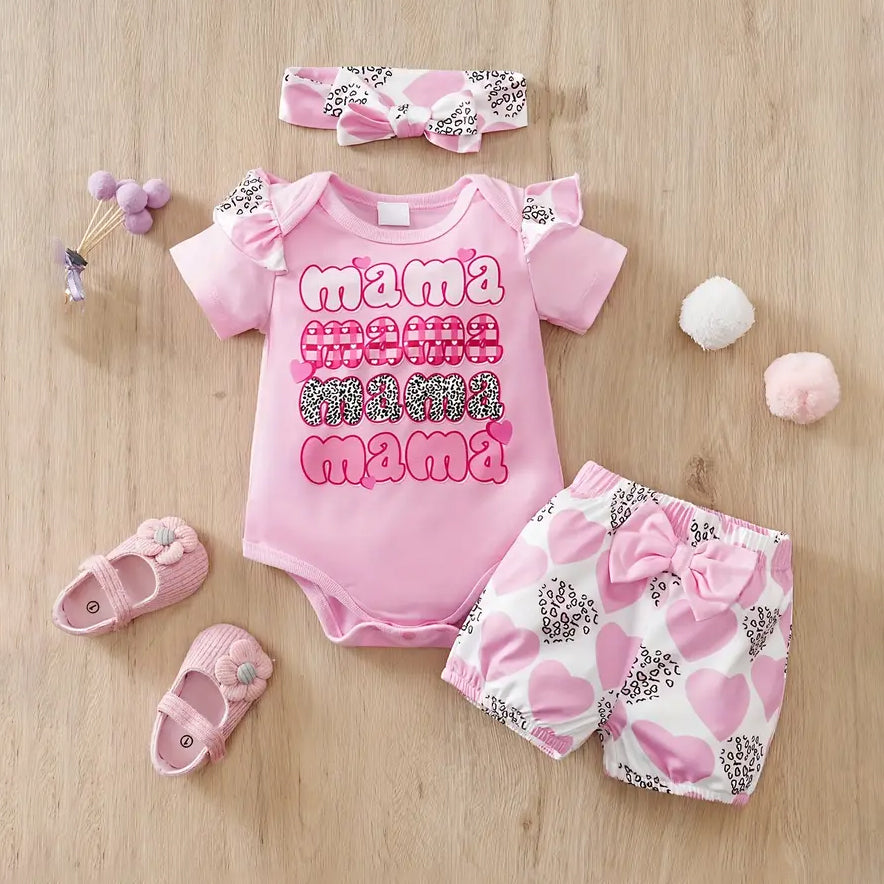 3PCS Mama Letter Heart Printed Bow Short Sleeves Baby Set