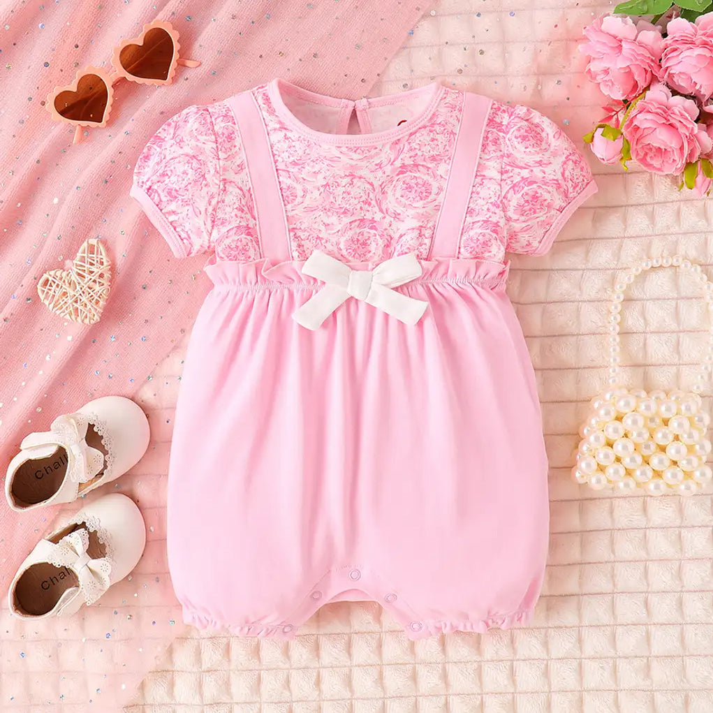 Sweet Floral Printed Fake Two Pieces Short Sleeve Baby Romper