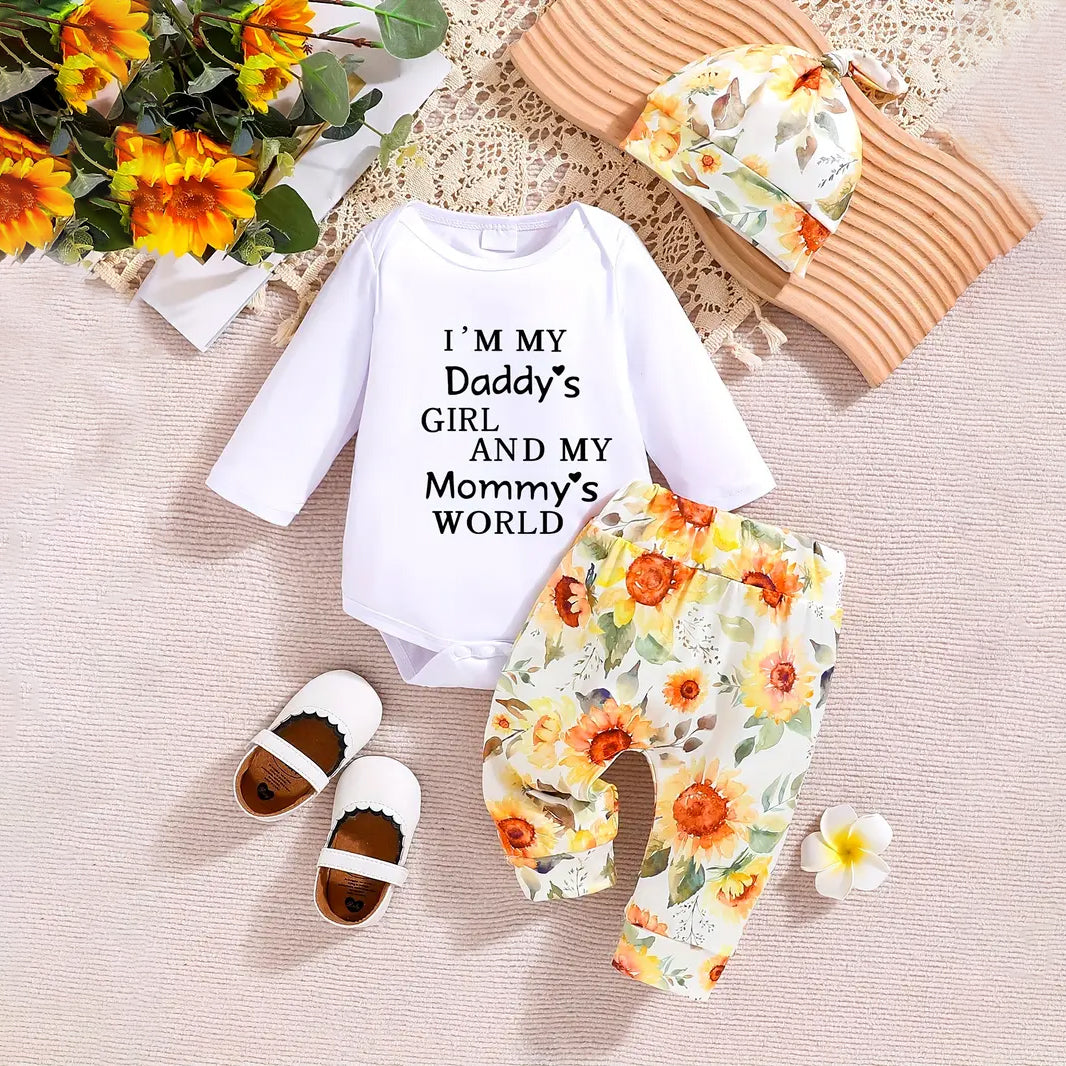 3PCS I'm My Daddy's Girl And My Mommy's World Letter Sunflower Printed Baby Set