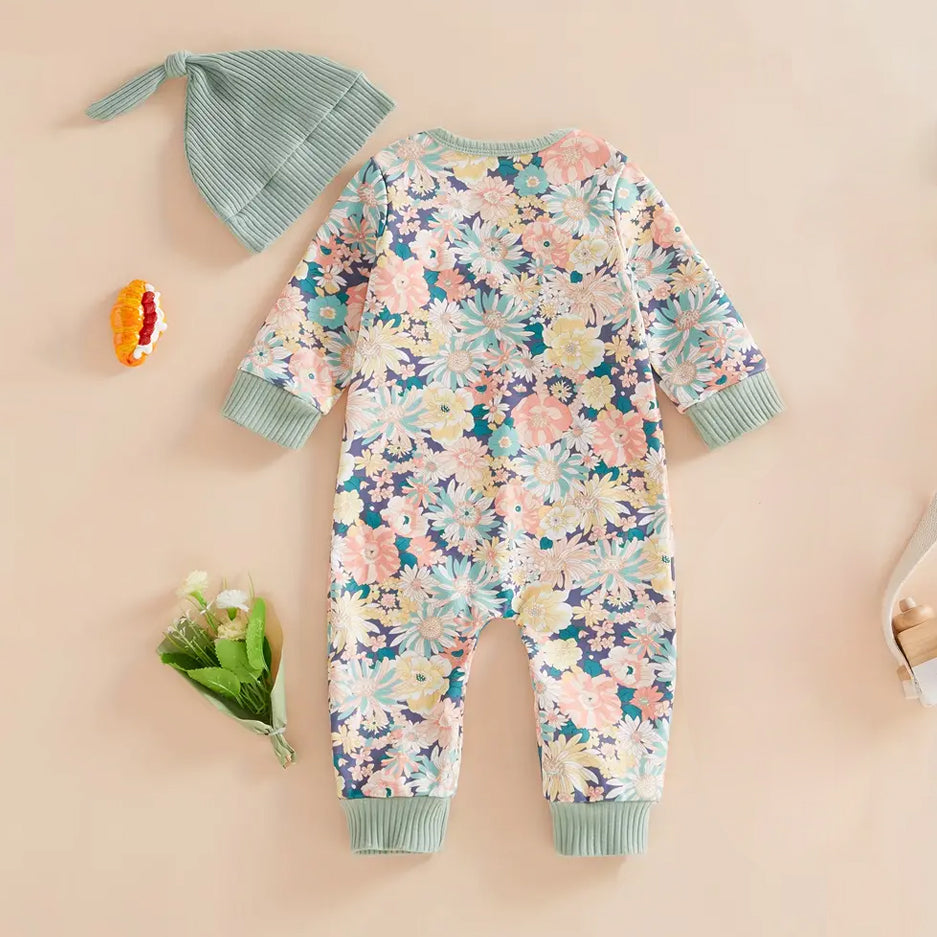 2PCS Allover Floral Printed Long Sleeve Baby Jumpsuit