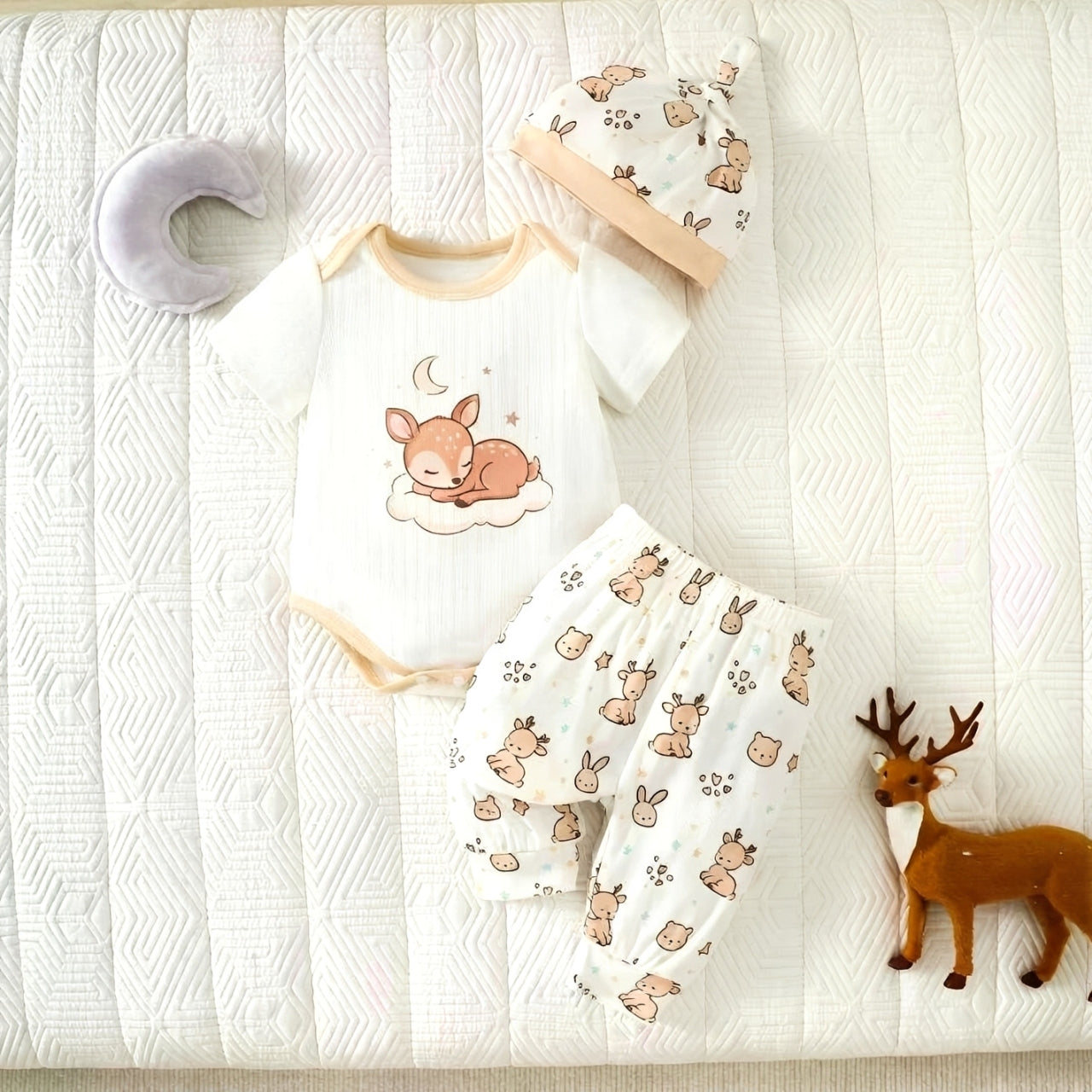 3PCS Lovely Deer Print Short Sleeve Baby Set