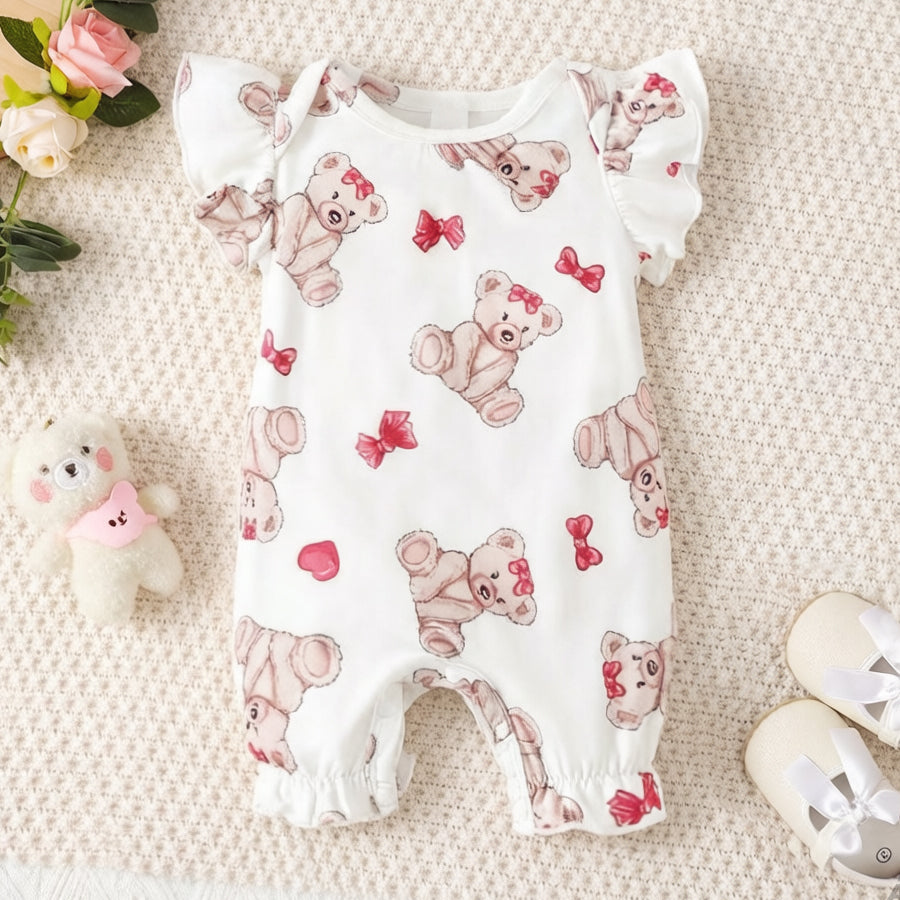Lovely Bear Bow Print Fly Sleeve Baby Jumpsuit