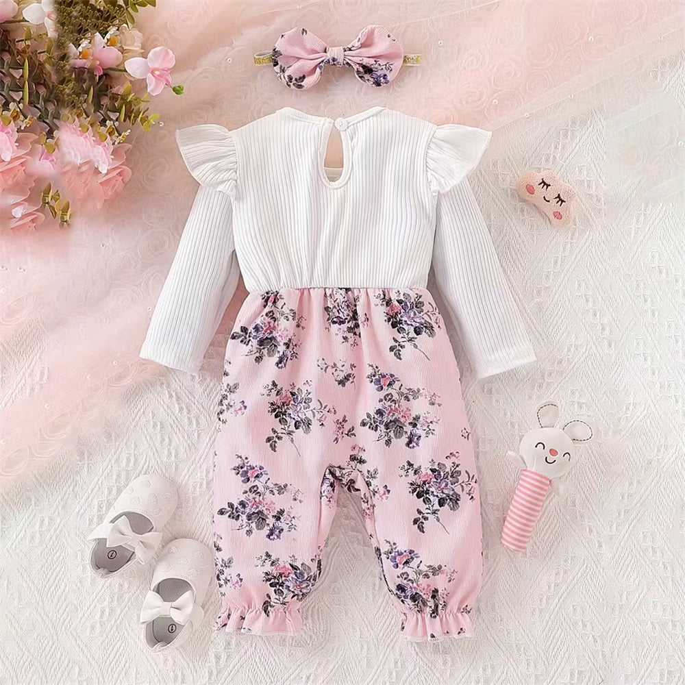 2PCS Sweet Floral Printed Bow Decoration Long Sleeve Baby Jumpsuit