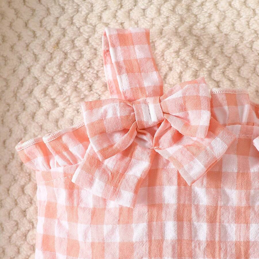 2PCS Sweet Strawberry Plaid Printed Sleeveless Baby Set