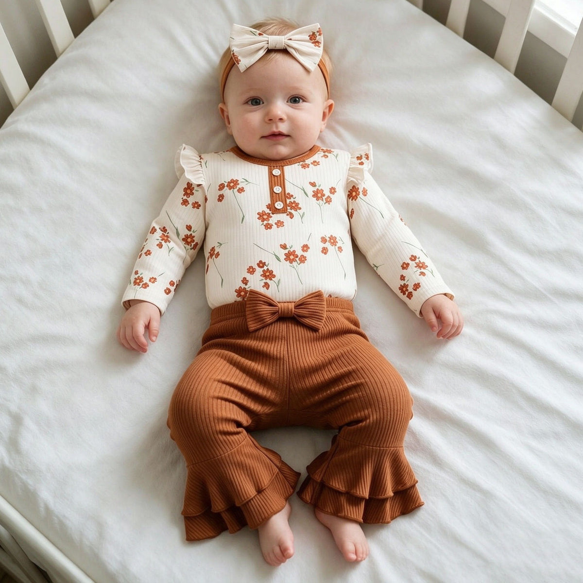 3PCS Timeless Floral Print Bowknot Decor Long Sleeve Baby Set