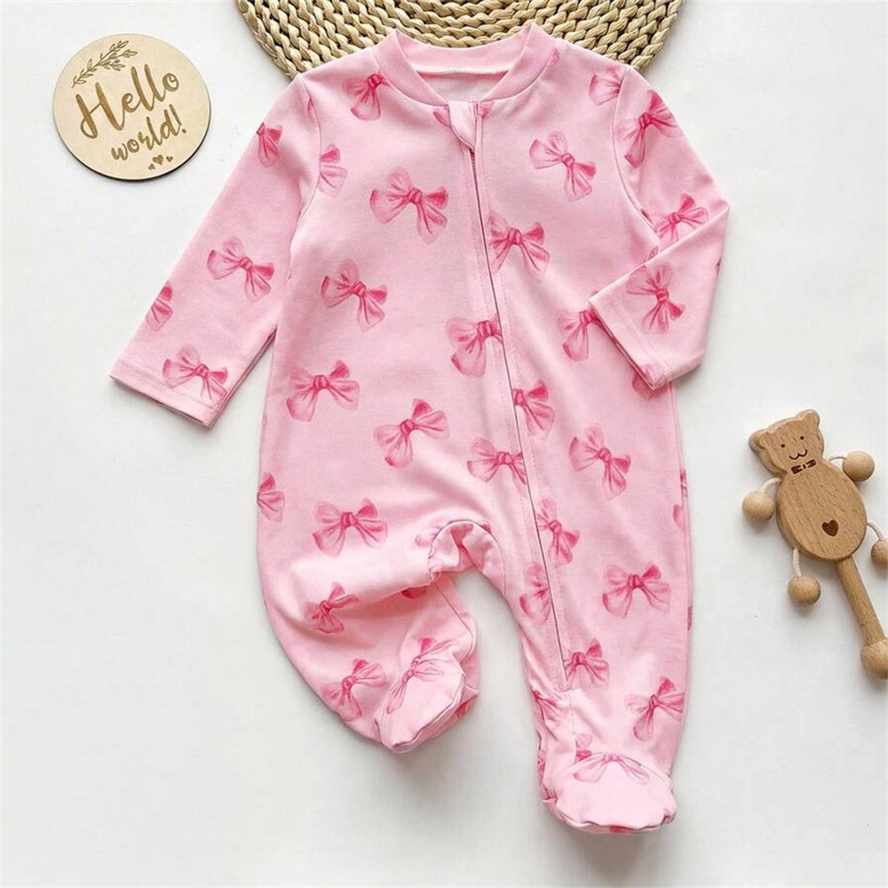 2PCS Quirky Bow Print Long Sleeve Zipper Baby Girl Jumpsuit