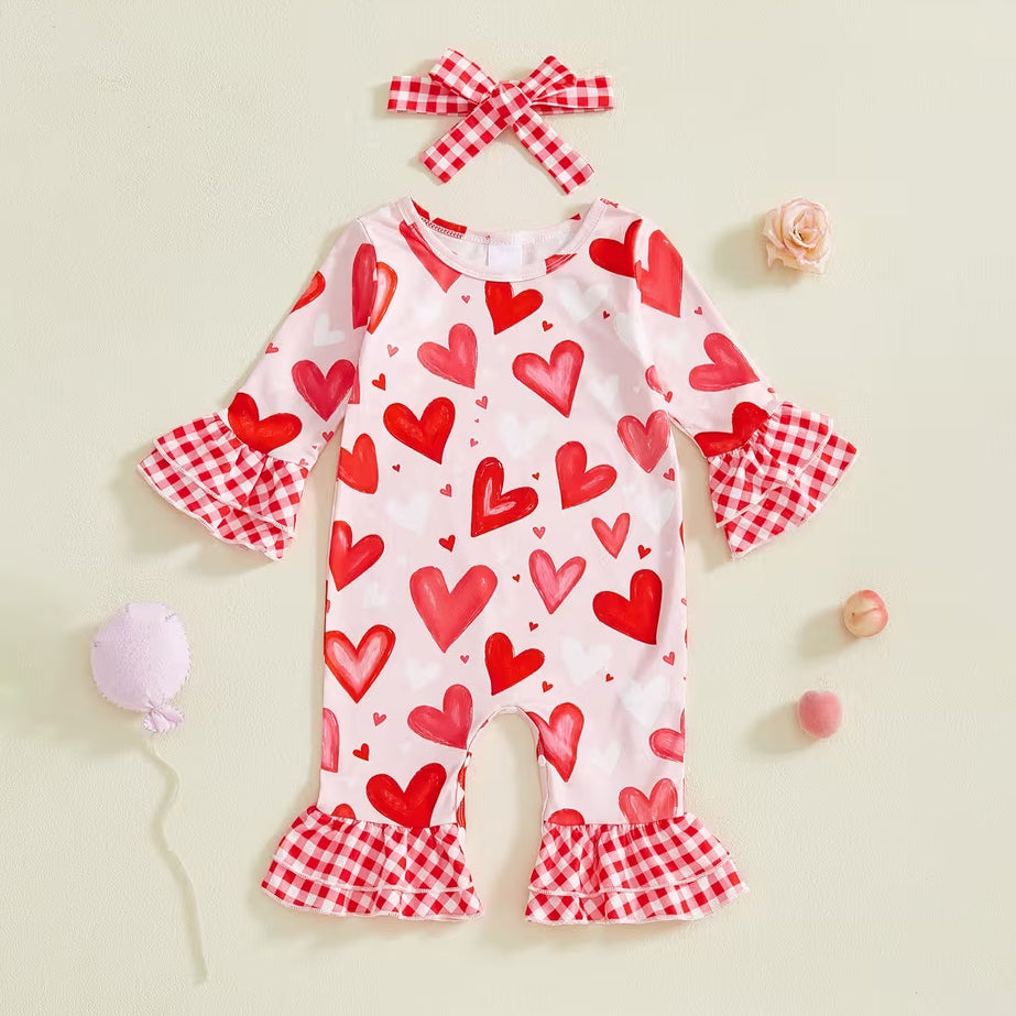 2PCS Heart Plaid Print Long Sleeve Baby Jumpsuit