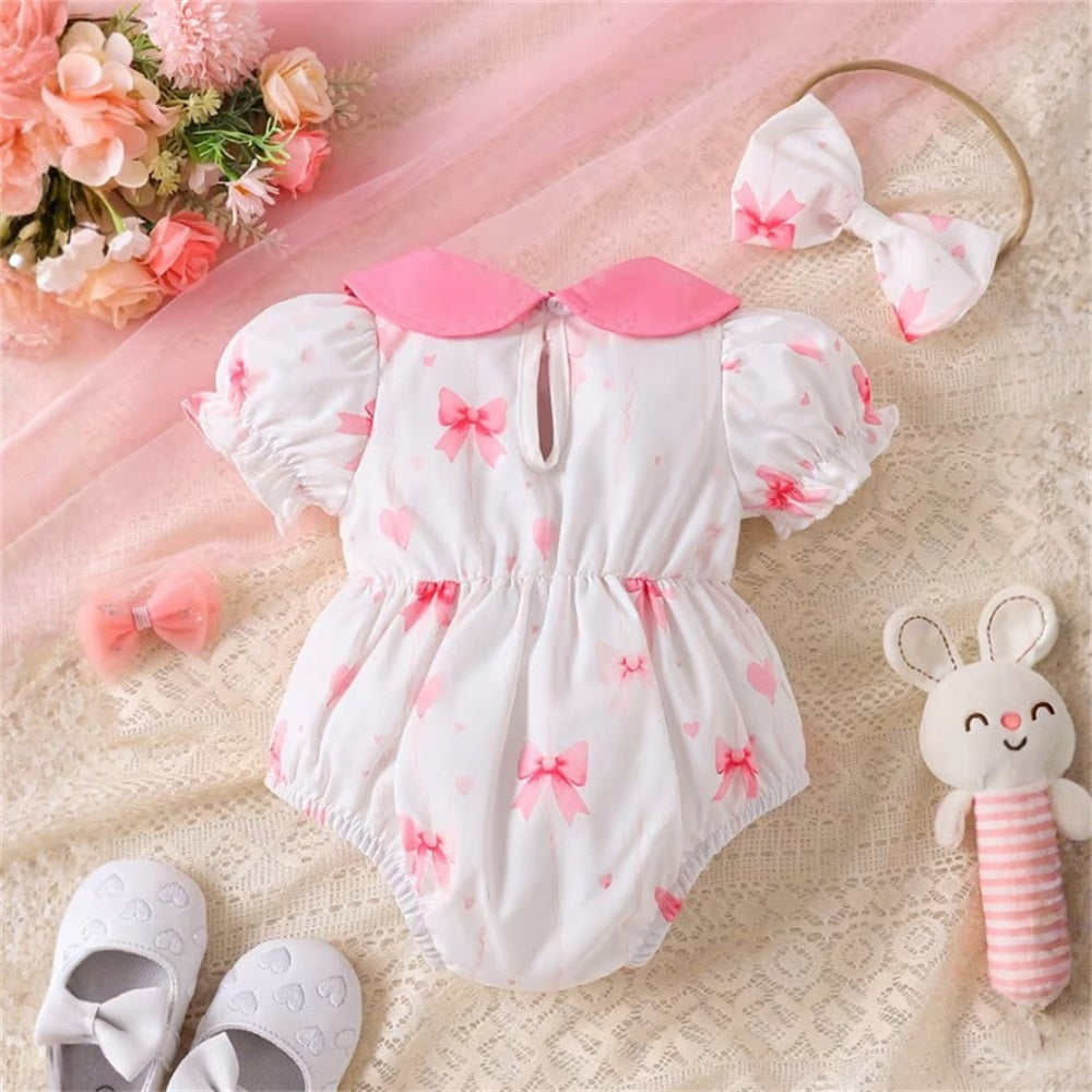 2PCS Lovely Bow Printed Short Sleeve Baby Romper