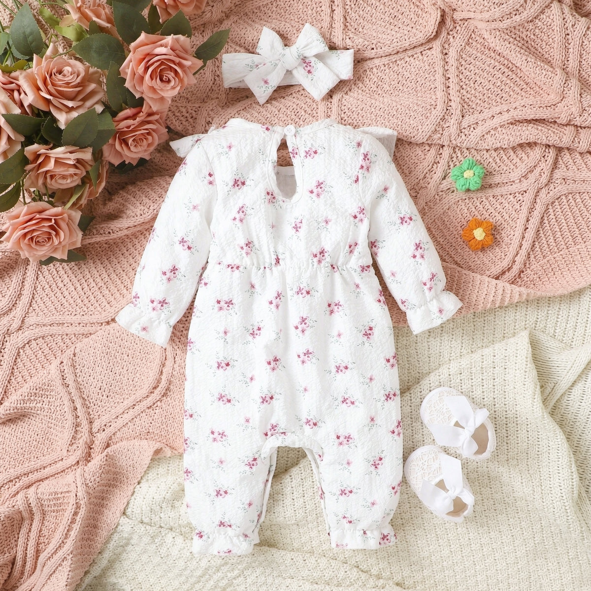 2PCS Allover Floral Printed Ruffle Long Sleeve Baby Girl Jumpsuit