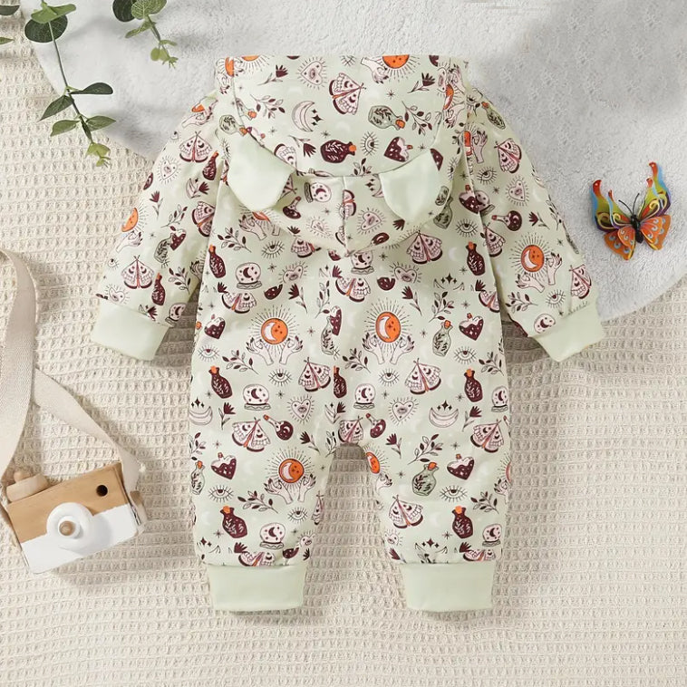 Moon and Stars Print Long Sleeve Baby Hooded Jumpsuit