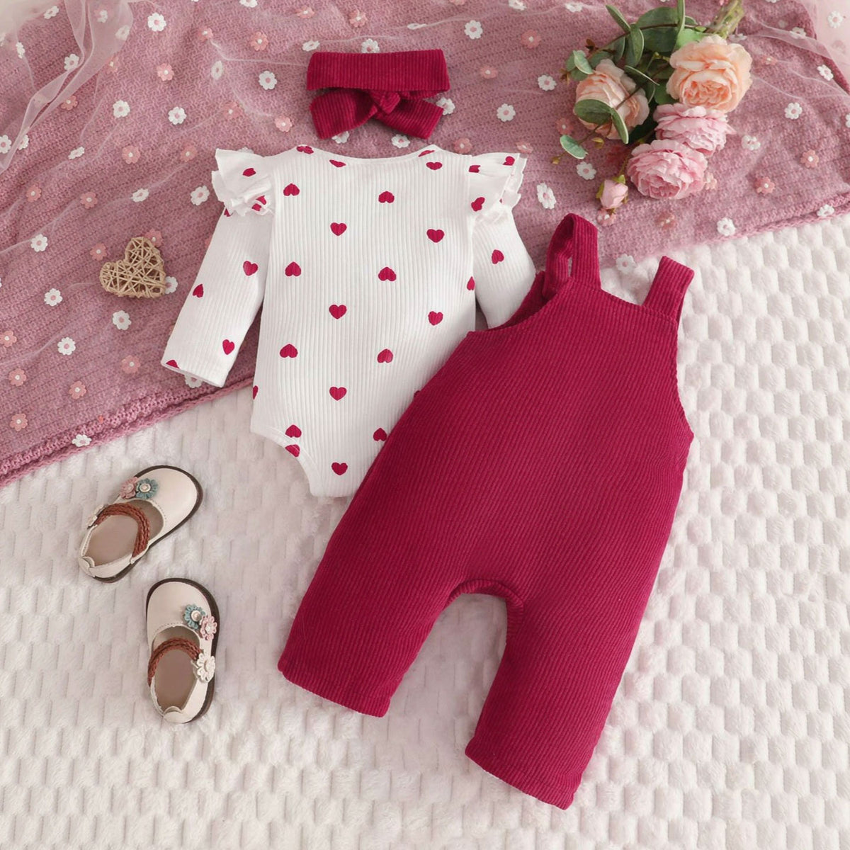 3PCS Grace Heart Printed Long Sleeve Baby Overalls Set