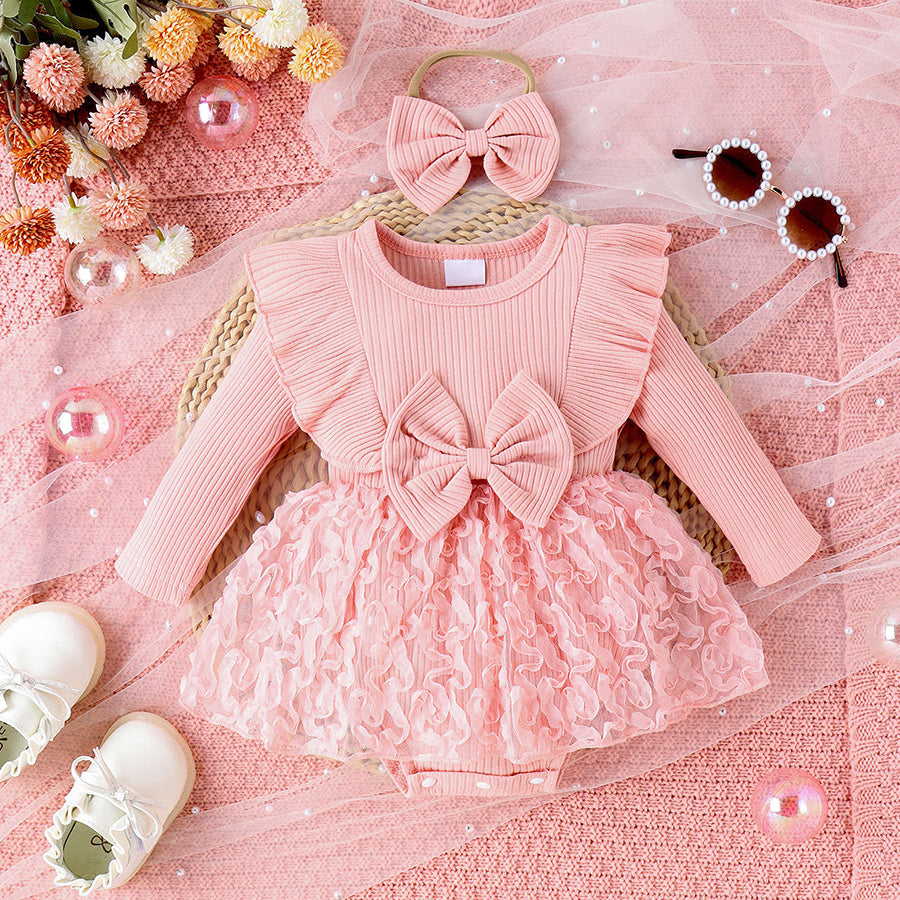 2PCS Pleated Tulle Trim Long Sleeve Baby Romper