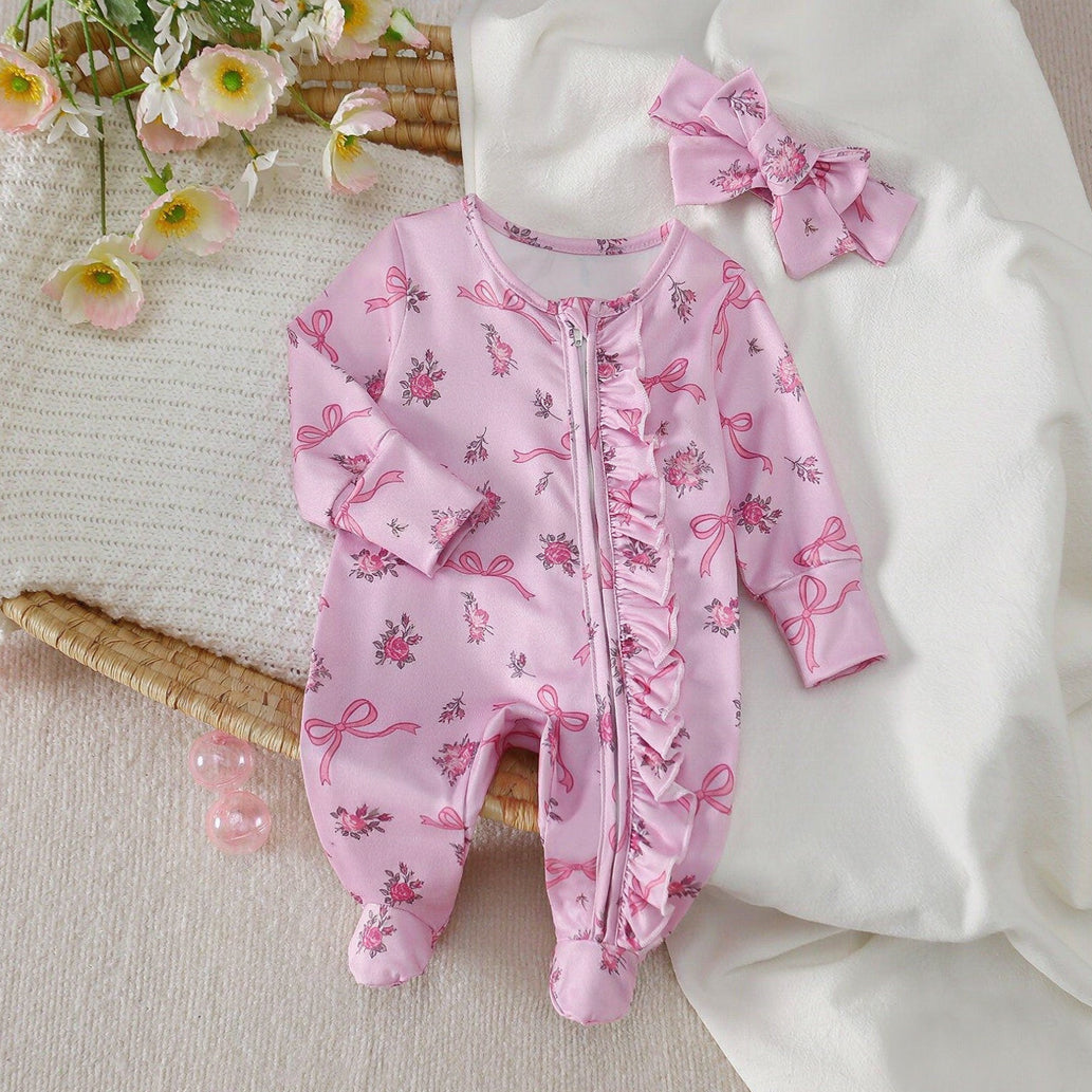 2PCS Delicate Floral Bow Print Zipper Long Sleeve Baby Girl Jumpsuit
