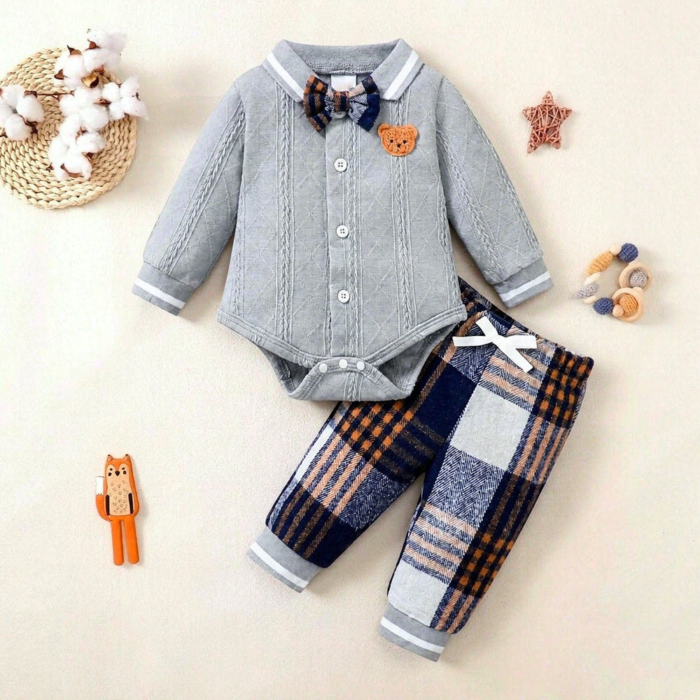 2PCS Chic Bear Applique Plaid Print Long Sleeve Baby Boy Set
