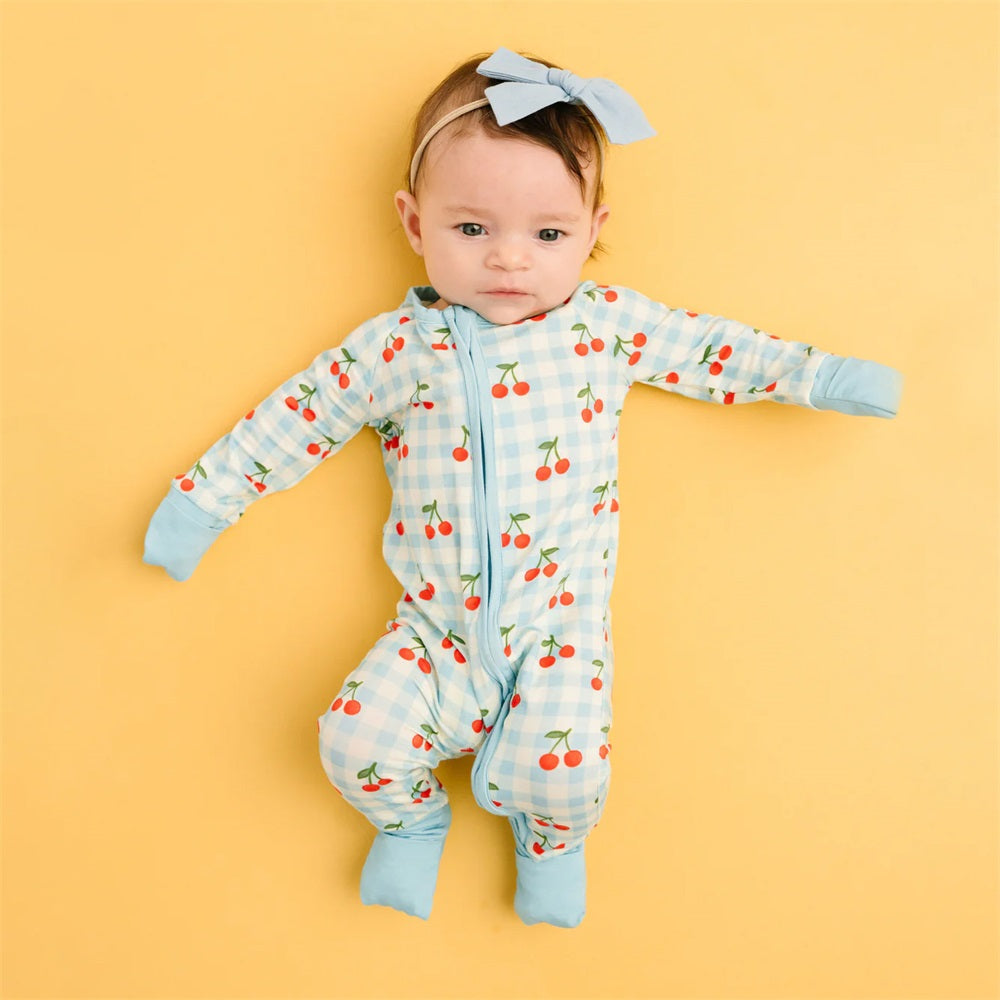 2PCS Cherry Printed Plaid Long Sleeve Zipper Baby Jumpsuit