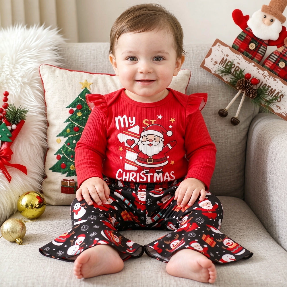 2PCS My 1st Christmas Letter Santa Snowman Printed Baby Girl Set