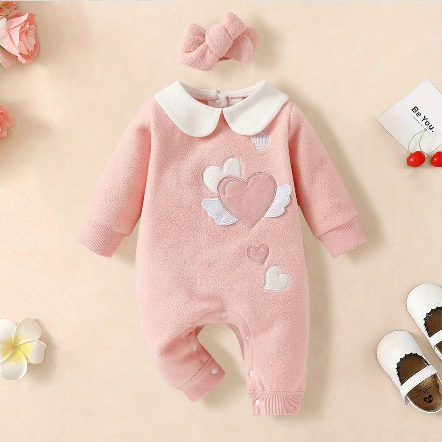 2PCS Heart Embroidery Polar Fleece Long Sleeve Baby Jumpsuit