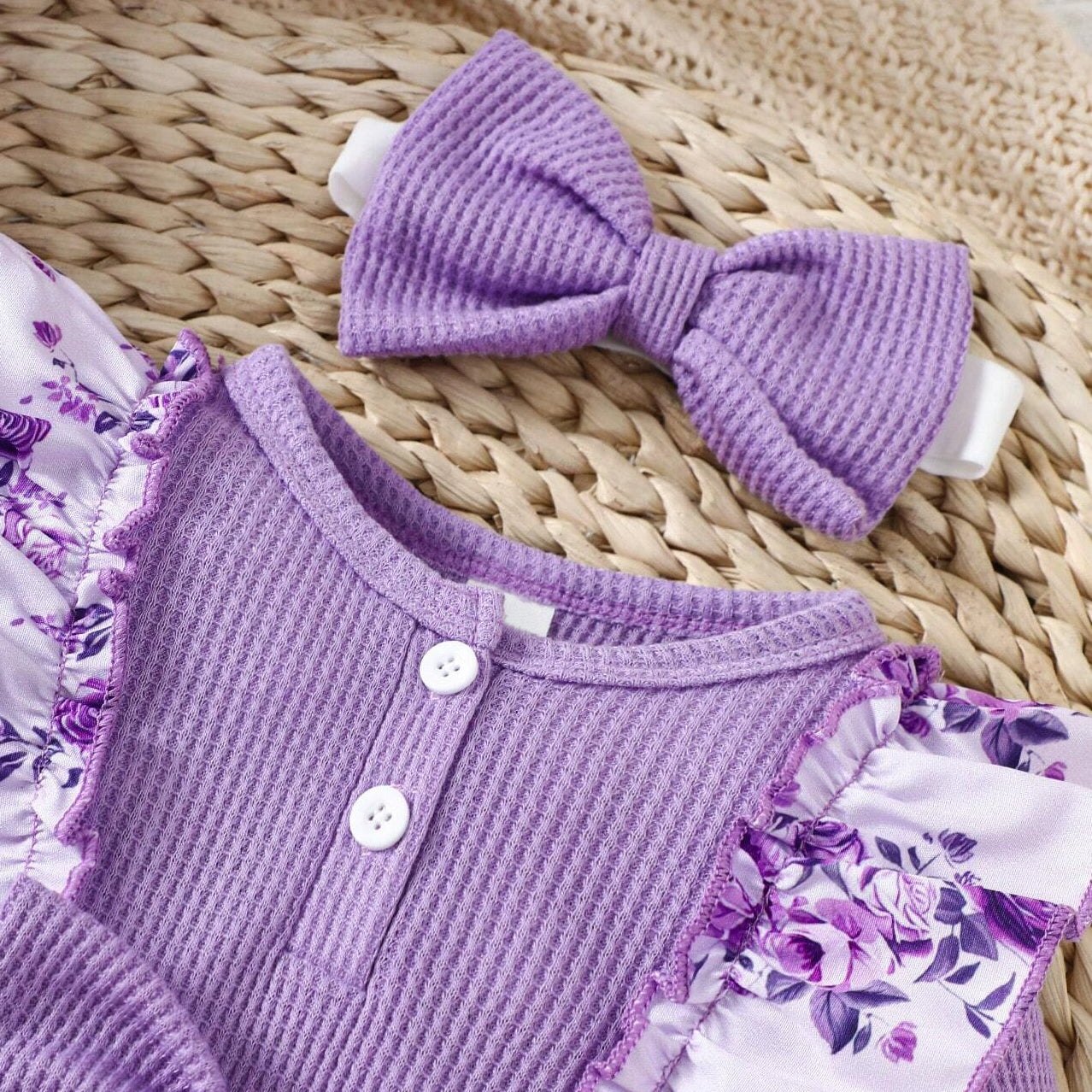 2PCS Elegant Floral Printed Bow Long Sleeve Baby Girl Jumpsuit