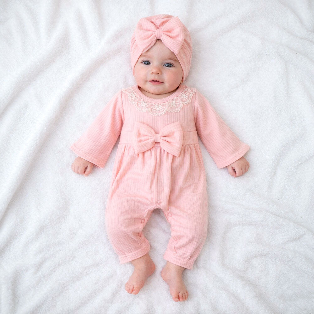 2PCS Sweet Solid Color Long Sleeve Baby Girl Jumpsuit