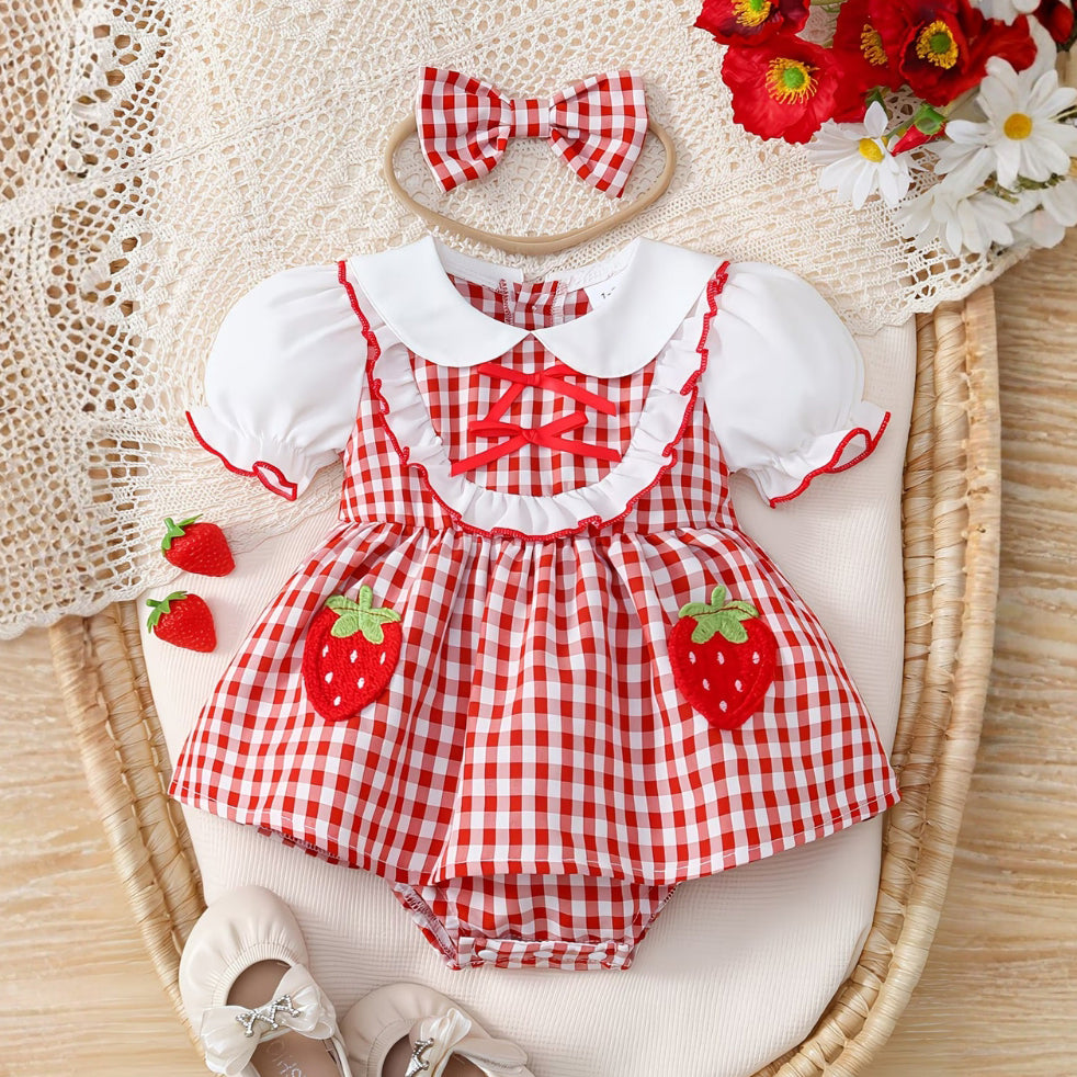 2PCS Pretty Strawberry Plaid Print Baby Romper