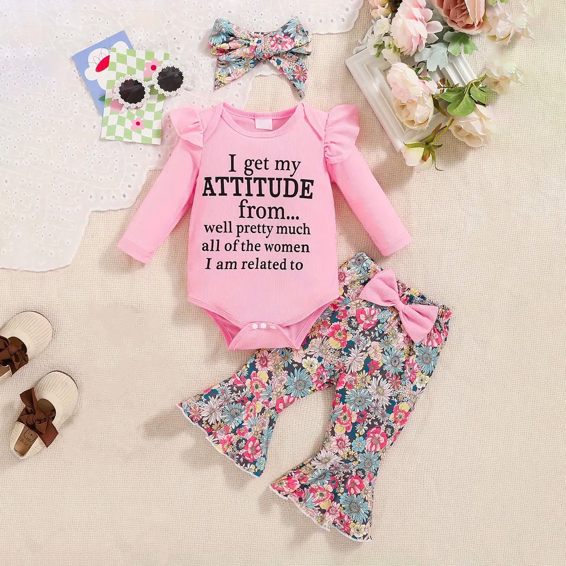 3PCS I Get Attitude Letter Floral Printed Bowknot Ruffle Long Sleeve Baby Set