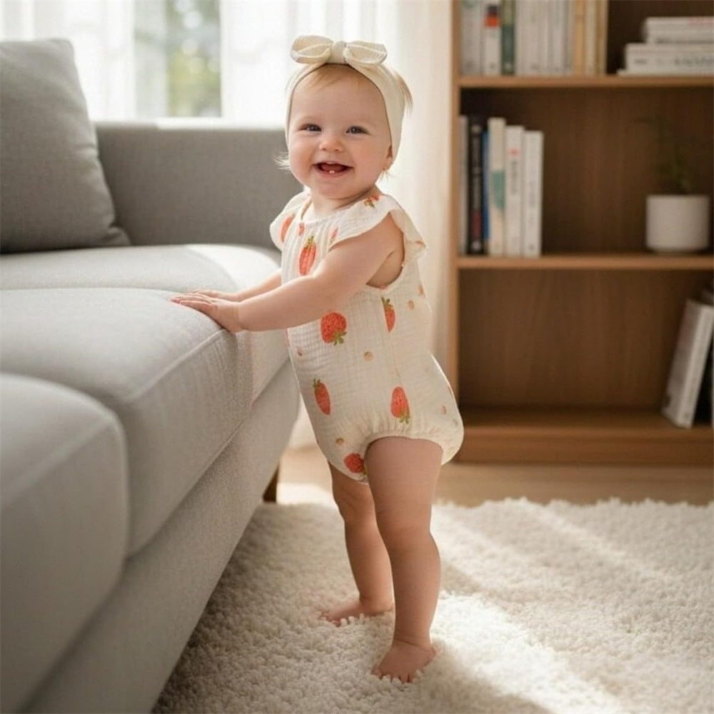 2PCS Cute Strawberry Printed Fly Sleeve Baby Romper