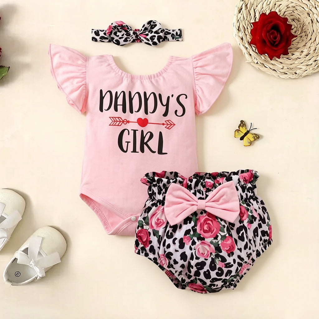 3PCS Adorable Daddy's Girl Letter Floral Print Flutter Sleeve Baby Set