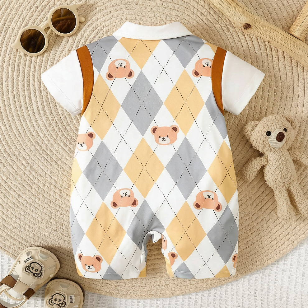 Bear Argyle Printed Short Sleeve Baby Jumpsuit