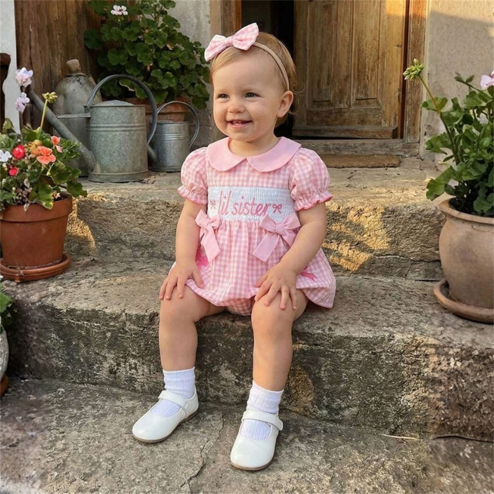 2PCS Lil Sister Letter Embroidery Plaid Short Sleeve Baby Romper
