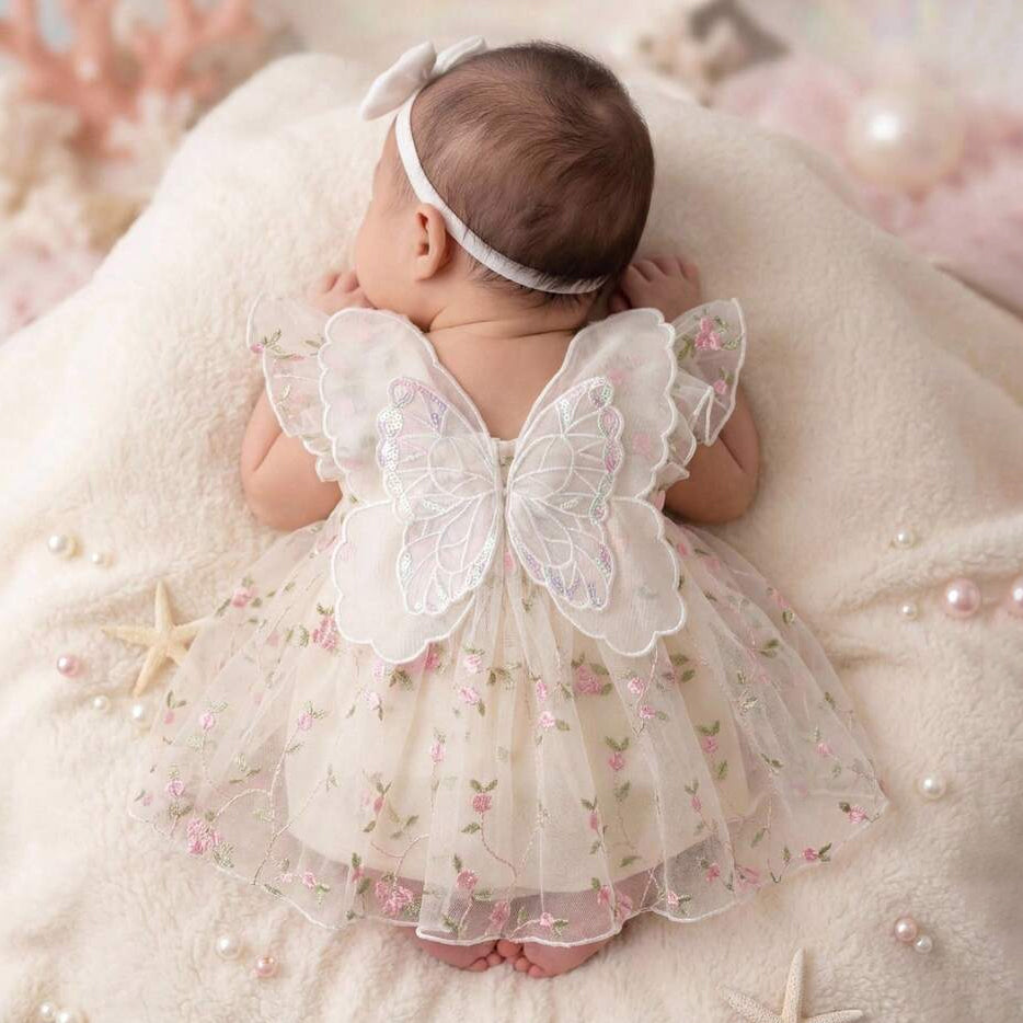 Baby Girl 3D Lace Butterfly Wings Tutu Dress with Floral Embroidery