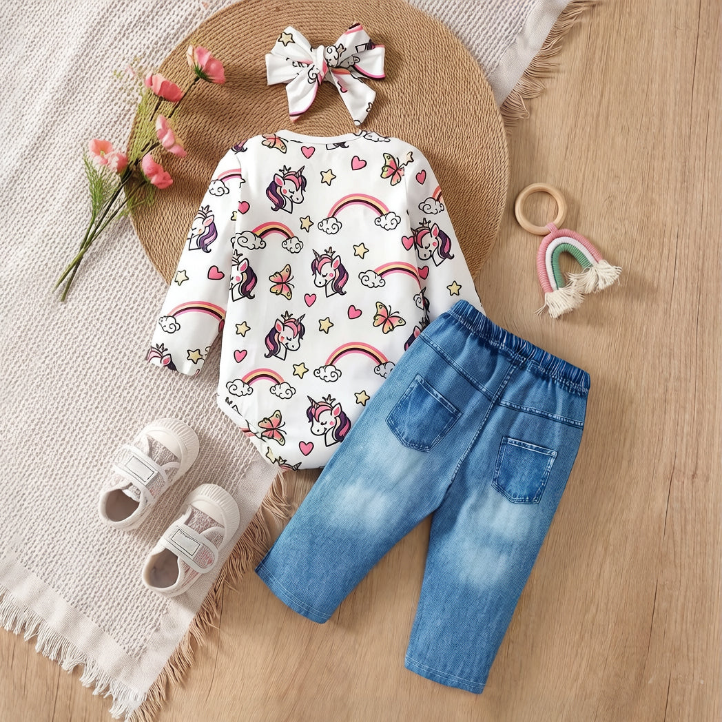 3PCS Unicorn & Rainbow Print Long Sleeve Baby Girl Set