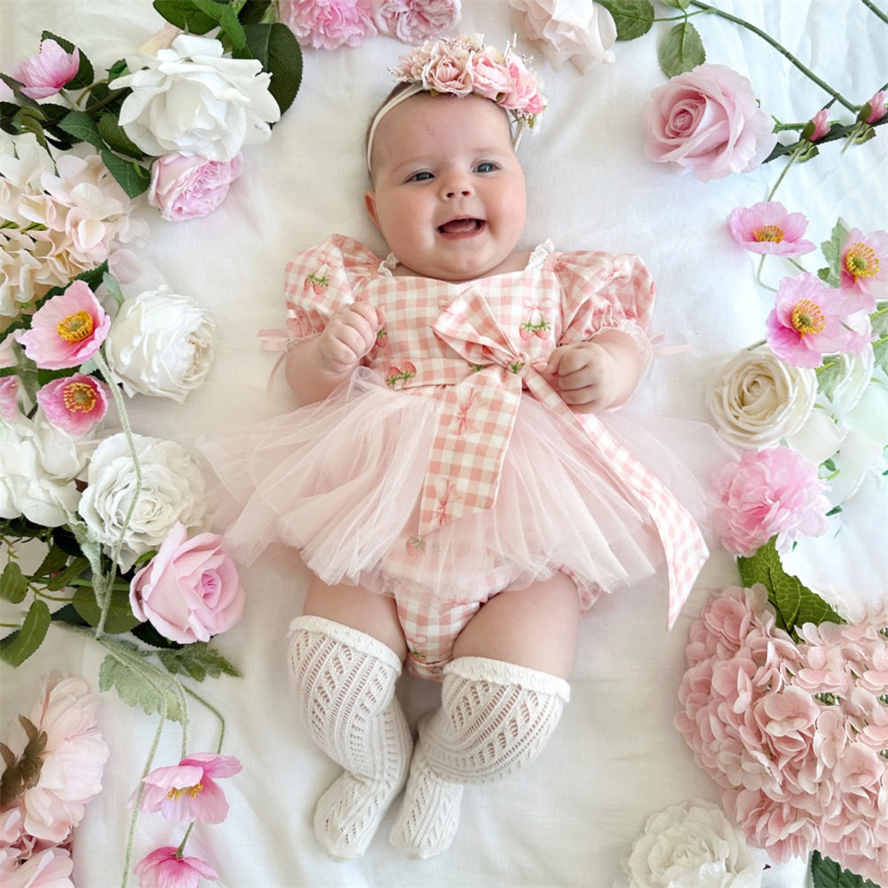 Sweet Strawberry Print Plaid Short Sleeve Baby Romper