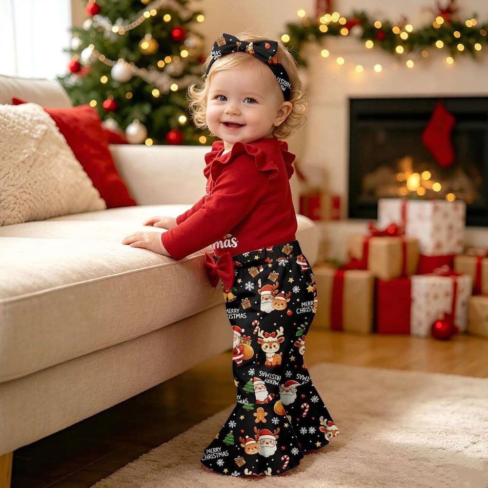 3PCS Sweet My 1st Christmas Letter Santa Reindeer Print Baby Girl Set