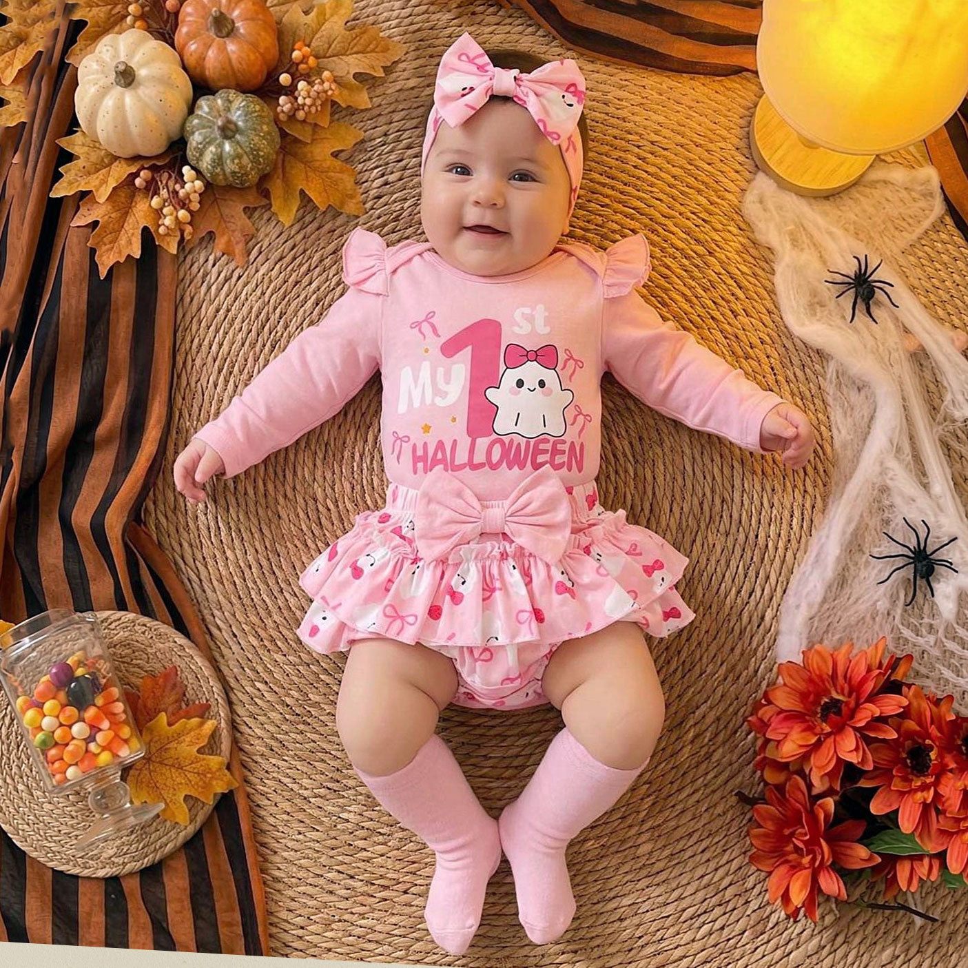 4PCS Sweet My 1st Halloween Letter Ghost and Bow Printed Baby Set