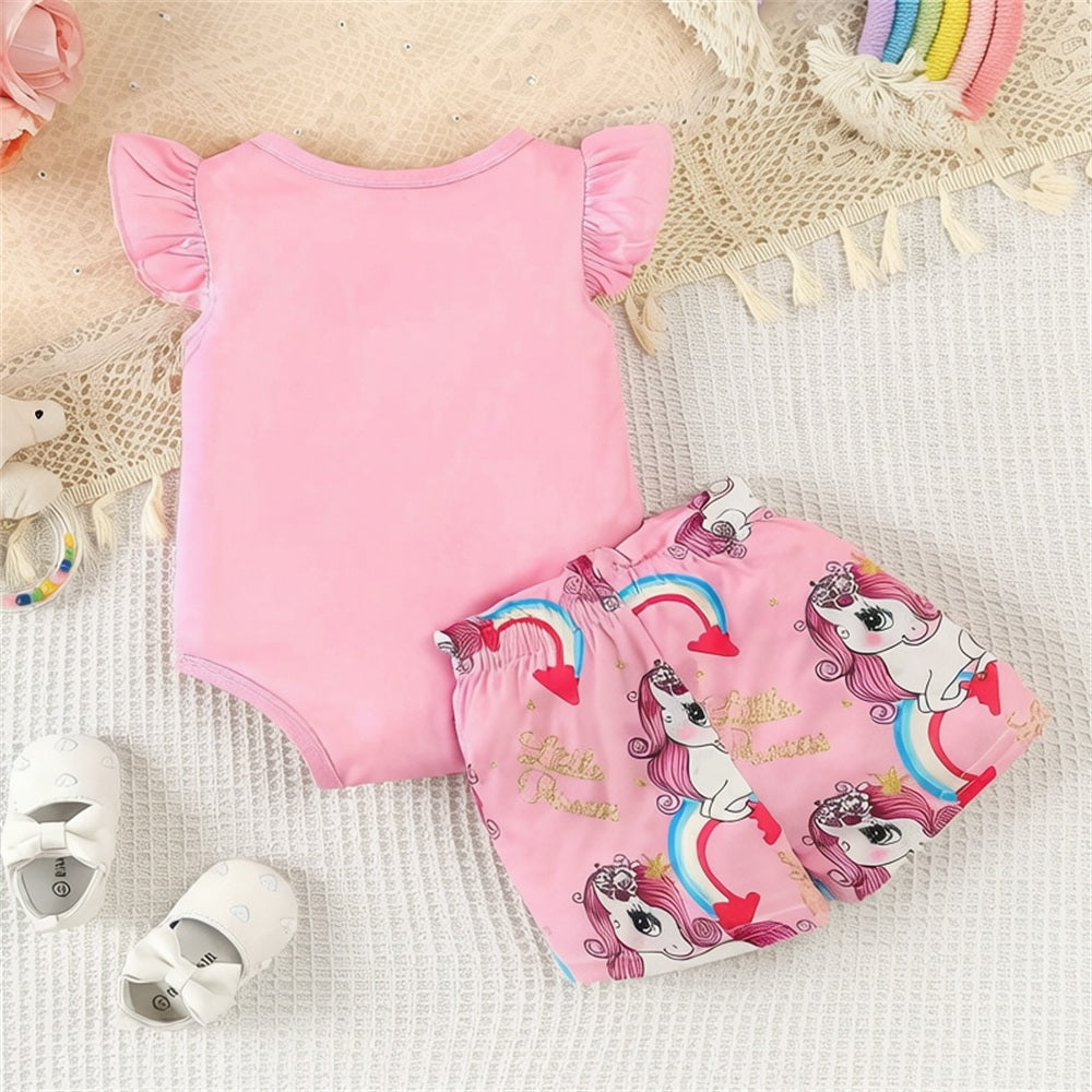 2PCS Lovely Pony Print Flutter Sleeve Baby Girl Set
