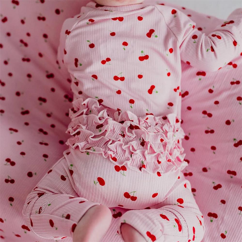 Sweet Cherry Print Ruffle Zipper Long Sleeve Baby Jumpsuit