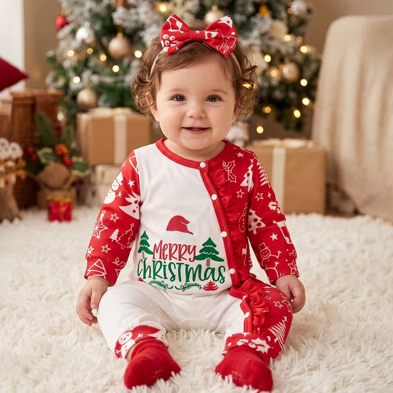 2PCS Lovely Merry Christmas Letter Holiday Print Baby Girl Jumpsuit
