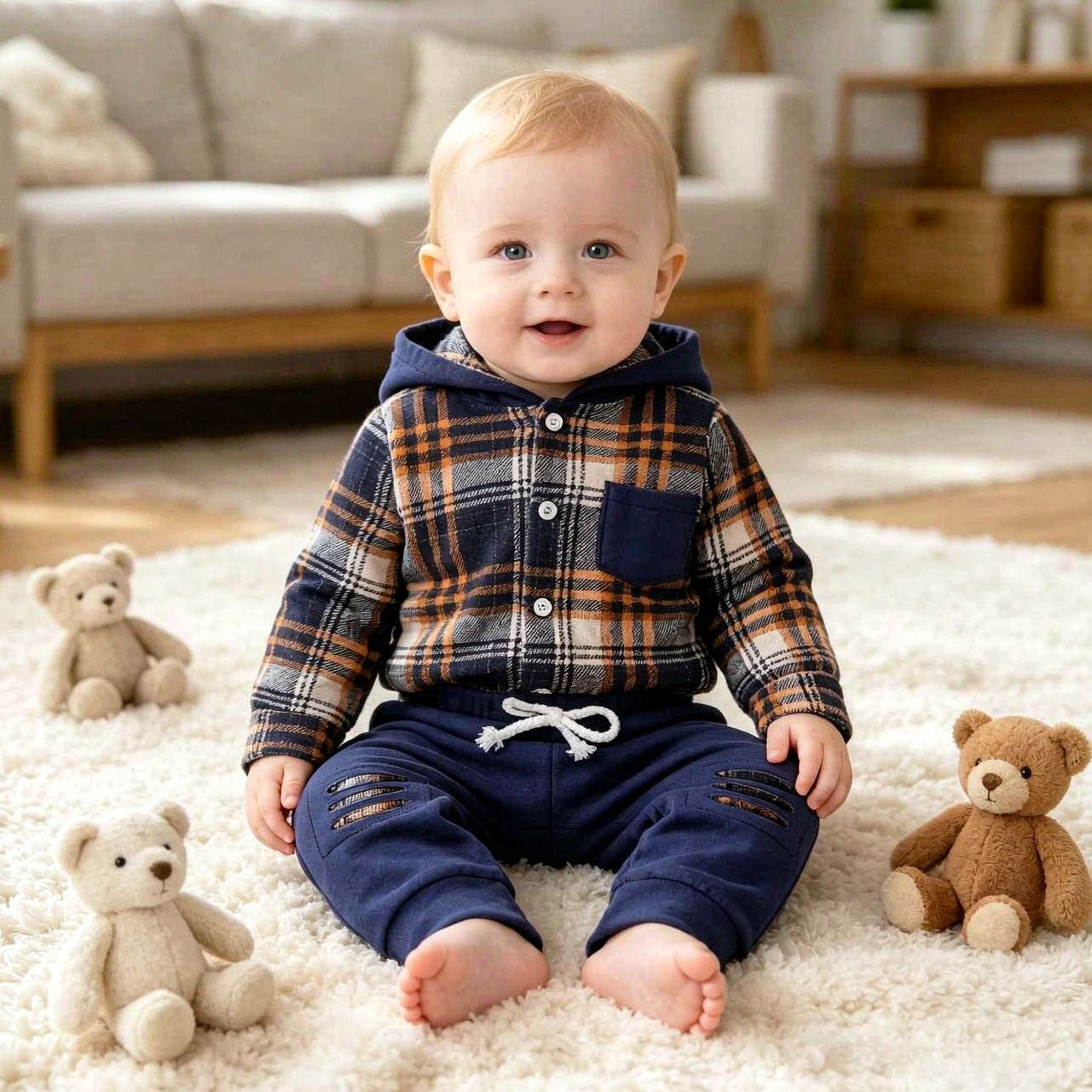 2PCS Comfy Plaid Printed Long Sleeve Hoodie Baby Set
